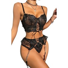 Üstüner New Dreams Siyah Dantel Zincir Detaylı Korseli Fantazi Kadın Seksi Iç Giyim Transparan Premium Set