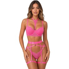 Üstüner New Dreams Fuşya Dantelli Fantazi Iç Giyim Takımı, Strap Jartiyer Seksi Lingerie Set Kadın Gecelik ve Özel Gece Kombini