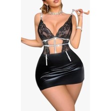 OEM For Dreams Siyah Dantel ve Deri Görünümlü Mini Gecelik, Taş Detaylı Askılı, Derin V Yaka, Seksi Gece Kıyafeti 8634
