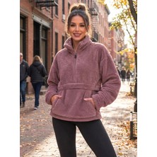 Defy Moda Kadın Yarım Fermuarlı Kanguru Cepli Peluş Wellsoft Sweatshirt