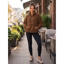 Defy Moda Kadın Yarım Fermuarlı Kanguru Cepli Peluş Wellsoft Sweatshirt