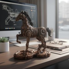 Ruby Ahşap Görünümlü Steampunk At Heykeli 22,5 cm | Dişli Detaylı Dekoratif Obje Ofis Ev Masa