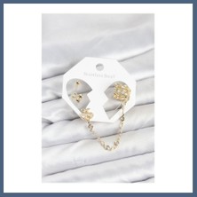 Bezos Kiraz Model Pirinç Gold Renk Zincir Bağlantılı Ear Cuff Küpe Seti BZS10