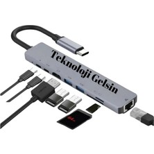 Tr 8 Girişli USB Type-C Hub Dönüştürücü Çevirici Çoklayıcı USB Hdmı Micro Sd