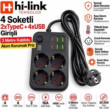 Antenci Hi-Link 4 Soketli 2xtype-C +4xusb Girişli 3 Metre Kablolu Akım Korumalı Priz