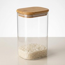 Odea Dikdörtgen Bambu Kapaklı Kavanoz 1300 Ml, Şeffaf Kuru Gıda Saklama Kabı, Makarna Pirinç Bakliyat Kahve Kuruyemiş ve Granola Için Mutfak Düzenleyici Kavanoz, 12 x 8 x 20 cm