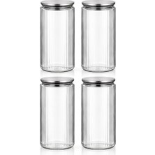 Odea S-2091 Sarina 4'lü Çizgili Cam Kavanoz Seti 2000 ml – Metal Vakum Kapaklı Büyük Boy Mutfak Kiler Erzak ve Bakliyat Saklama Kabı