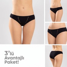 Elitse Kadın Pamuklu Zikzak Işlemeli Bikini Kesim Külot 3'lü Paket | Siyah Beyaz Dantel Detaylı Iç Çamaşırı