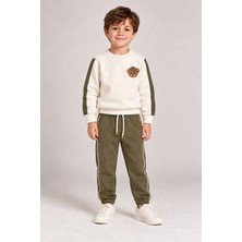 Rony Pony Kids Ayıcık Nakışlı Şerit Detaylı 3 Iplik Çocuk 2’li Eşofman Takımı Ekru Haki