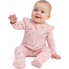 by BebekOdam Kız Bebek Pembe Beyaz Çiçekli Fırfırlı Fermuarlı Tulum