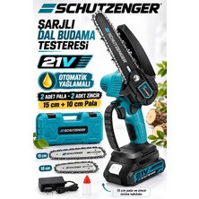 SCHUTZENGER Otomatik Yağlamalı Şarjlı Dal Budama Testeresi 10 ve 15 cm 2 Pala 2 Zincir Çantalı Mavi