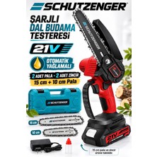 SCHUTZENGER Otomatik Yağlamalı Şarjlı Dal Budama Testeresi 10 ve 15 cm 2 Pala 2 Zincir Çantalı Set Kırmızı