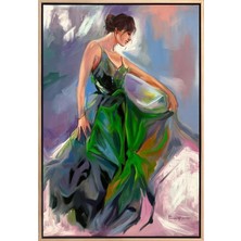 Simurg Sanatevi Yeşilli Kadın Yağlı Boya Tablosu - Tuval Üzerine El Yapımı - 60 x 90 cm
