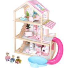 Toysilla Ahşap Bebek Evi - 3 Katlı, Full Eşyalı, Pembe Kaydıraklı ve Havuzlu Oyun Seti