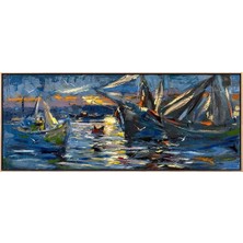 Simurg Sanatevi Boğazdaki Balıkçı Tekneleri Yağlı Boya Tablosu - Tuval Üzerine El Yapımı - 200 x 80 cm