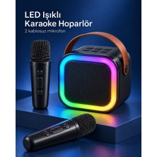 Helinaria Çift Kablosuz Mikrofonlu LED Işıklı Bluetooth Karaoke Hoparlör Seti