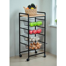 Happy Trend Tekerlekli Metal Sebzelik 4 Tel Sepetli Çam Ahşap Raflı Çok Amaçlı Stand