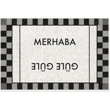 Tr Merhaba Güle Güle Damalı Kapı Paspası, Kaymaz Kauçuk Taban, Makinede Yıkanabilir, Dijital