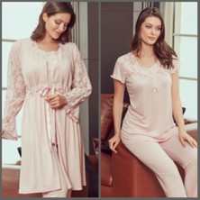 Bone Club 4902 Pudra  Hamile Lohusa 3 Lü Dantel Kollu Pijama Sabahlık