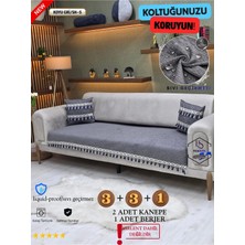 ŞAHANEEV Su Geçirmez Şönil Koltuk Örtüsü Takımı (3+3+1) Püsküllü Kanepe Örtüsü Seti - Koyu Gri (Sh5 Püskül)