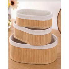 Asel Plast 3 Lü Oval Kumaş Astarlı Bambu Görünümlü Dekoratif Sepet Seti - Çok Amaçlı Banyo ve Dolap Içi Organizer