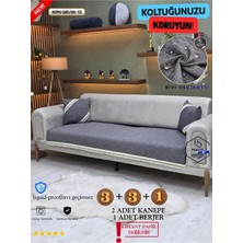 ŞAHANEEV Su Geçirmez Şönil Koltuk Örtüsü Takımı (3+3+1) Püsküllü Kanepe Örtüsü Seti - Koyu Gri (SH12 Püskül)