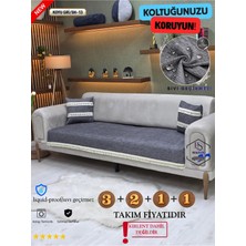 ŞAHANEEV Su Geçirmez Şönil Koltuk Örtüsü Takımı (3+2+1+1) Püsküllü Kanepe Örtüsü Seti - Koyu Gri (SH13 Püskül)
