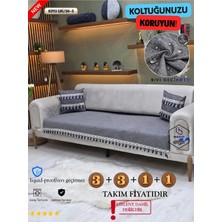 ŞAHANEEV Su Geçirmez Şönil Koltuk Örtüsü Takımı (3+3+1+1) Püsküllü Kanepe Örtüsü Seti - Koyu Gri (Sh5 Püskül)