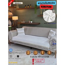 ŞAHANEEV Su Geçirmez Şönil Koltuk Örtüsü Takımı (3+3+1+1) Püsküllü Kanepe Örtüsü Seti - Beyaz (Sh4 Püskül)