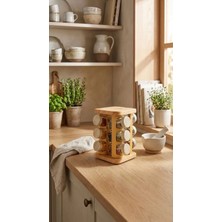 Leelahome 12'li Set Ahşap Desenli Döner Standlı Kare Baharatlık 140 ml - Açık Kahve