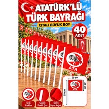 ArtMaster Atatürklü Çıtalı Bayrak Kağıt Büyük 29X21 cm 40 Adet Atalı Bayrak Çıtalı Sopalı Bayrak Plastik Çubuklu Bayrak Bayram