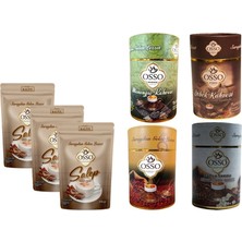 Osso Kahve Osso Salep 3 x 200 gr + Osso 4'lü Silindir Kutu Set Osmanlı-Dibek-Menengiç-Damla Sakızlı Dibek Kahvesi 4X200GR