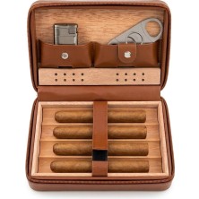 Kahverengi Deri Seyahat Tipi Puro Kutusu - Sedir Ağacı Kaplı 4'lü Portatif Humidor - Puro Kesici ve Aksesuar Bölmeli - Erkekler Için Premium Şık Hediye Seti