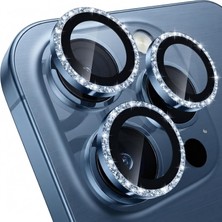 iPhone 15 Pro / 15 Pro Max Ile Uyumlu Elmas Kaplı Taşlı Kamera Lens Koruyucu Alüminyum Alaşım Çerçeveli Telefon Lensi Temperli Cam Koruma (Mavi Titanyum)
