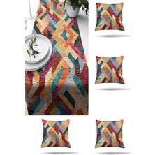 Canlı Renkli Geometrik Bloklu Masa Değişik Ranır Modelleri Dekoratif 4'lü Kırlent Kılıfı Runner Seti, Pembe-Sarı 45 x 45