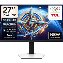 Tcl 27P3A Pro Gaming QD-Mini LED Monitörü 27" 1ms 320Hz Qhd 2k Fps Oyuncu Monitörü (Hdmı+Dp, 1196 Bölge Lokal Karartma, Xdr 1200 Nits, Freesync Premium PRO)-2026 Modeli Tcl Türkiye Garantili