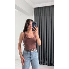 Seda Unlu Butik Meyri Dantelli Tam Pamuklu Premium Atlet Kahve