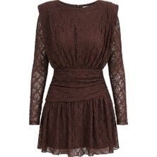 Seda Unlu Butik Ametis Dantelli Drapeli Kahve Mini Elbise
