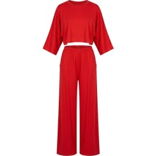 Seda Unlu Butik Baren Kırmızı Yarasa Kol Bluz Pantolon Takım