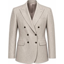 Metin Ali Erkek Bej Premium Keten Dokulu Kruvaze Blazer Ceket