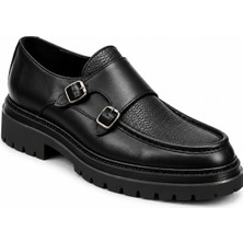 Metin Ali Erkek Siyah Hakiki Deri Çift Tokalı Double Monk Strap Ayakkabı