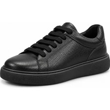 Metin Ali Erkek Siyah Hakiki Deri Kalın Taban Günlük Sneaker Ayakkabı