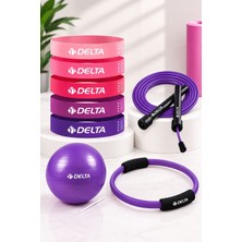 Delta 8 Parça Pilates ve Fitness Seti | Mini Pilates Topu, Pilates Çemberi, Ayarlanabilir Atlama Ipi ve 5’li Direnç Bandı