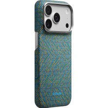 Pitaka iPhone 18 Pro Max Kılıf M-Safe Özellikli Aramid Karbon Fiber Wind Over Wheat Serisi Kapak Mavi