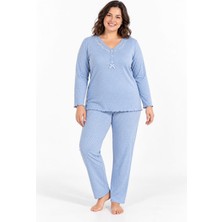 Etoile Kadın Büyük Beden Uzun Kol V Yaka Yarım Düğmeli Mavi Pijama Takımı C1T0N104