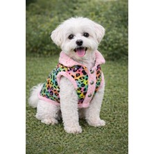 Lokums Leopar Desenli Pembe Peluşlu Köpek Yeleği - Köpek Kıyafeti