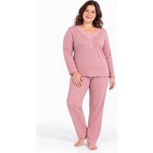 Etoile Kadın Büyük Beden Uzun Kol V Yaka Yarım Düğmeli Pembe Pijama Takımı C2T0N104-B