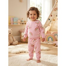 Bubiee Baby Kız Çocuk Pembe Renkli Gökkuşağı Desenli Sweatshirt  ve Eşofman Altı Eşofman Takım 2'li Set