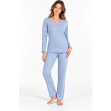 Etoile Kadın Uzun Kol V Yaka Yarım Düğmeli Mavi %100 Pamuk Pijama Takımı C1T0N104