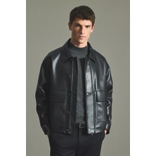 DeFacto Su Geçirmez Regular Fit Polo Yaka Çıtçıtlı Cepli Suni Deri Ceket H2826AX26AU